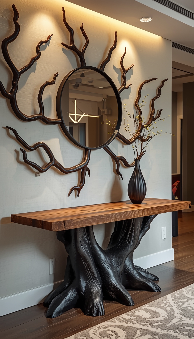 2. Handcrafted Tree Root Console Table with Artistic Wall Branch Design