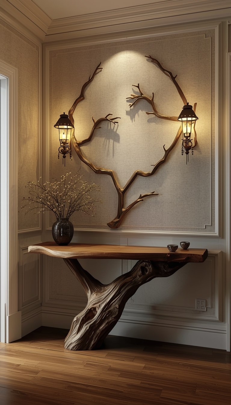 4. Artistic Wooden Tree Console Table for Hallway Wall Décor