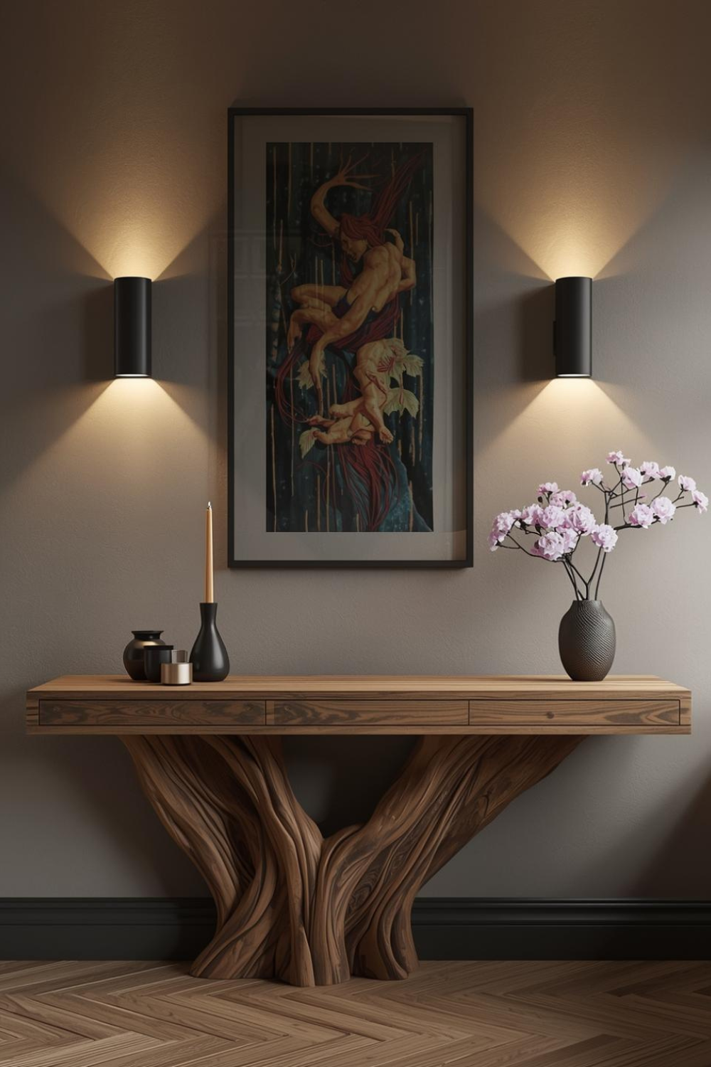 8. Luxury Wooden Tree Console Table with Modern Wall Lighting