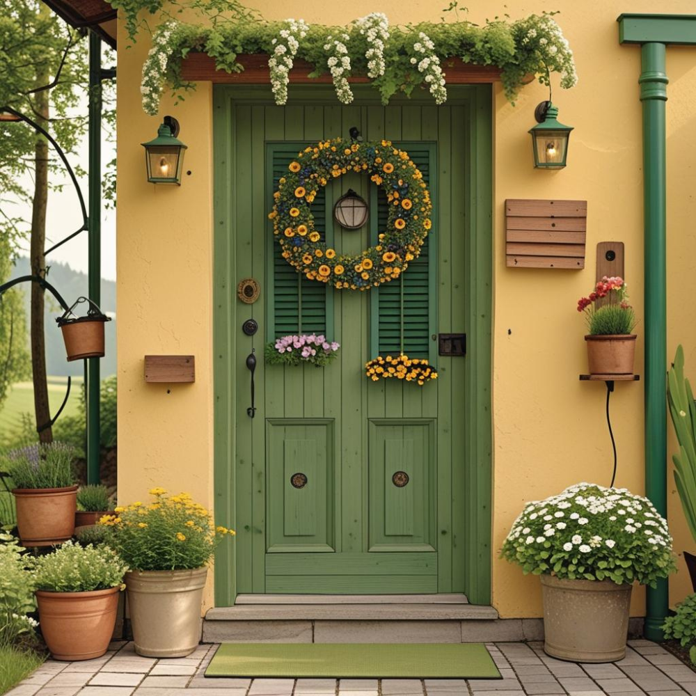 Beautiful Yellow Cottage House Exterior with Green Door Style