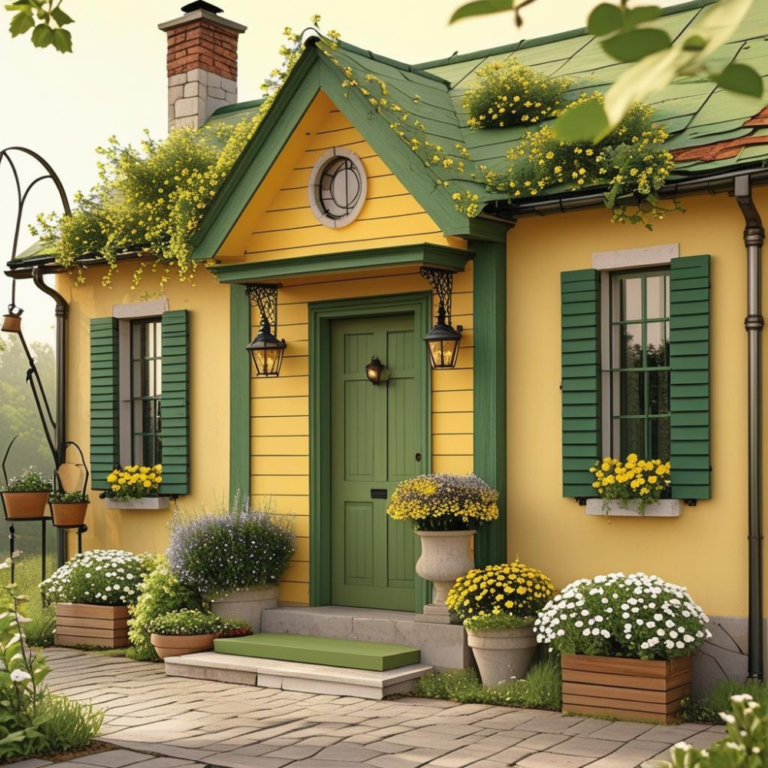 Charming Yellow Cottage Exterior with Green Door and Flower Decor