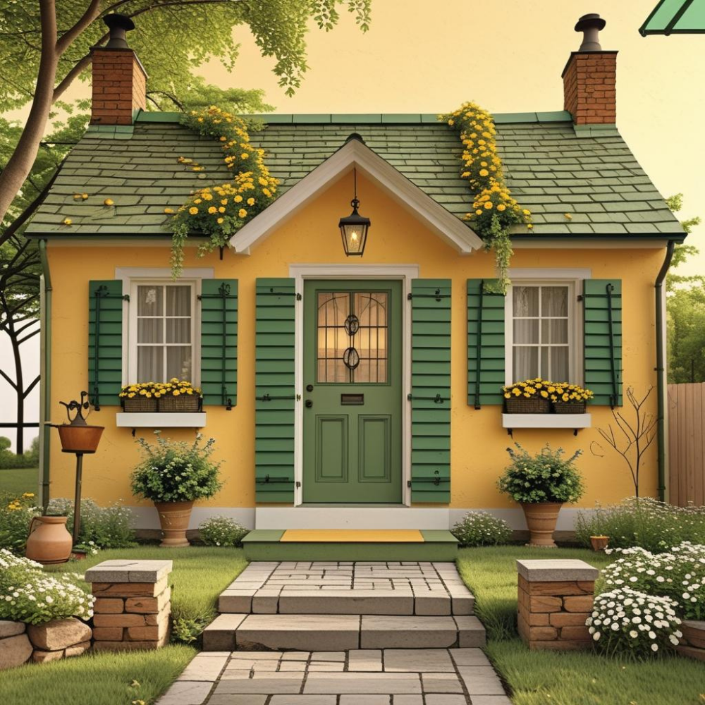 Classic Cottage Exterior Design with Yellow Walls and Green Shutters