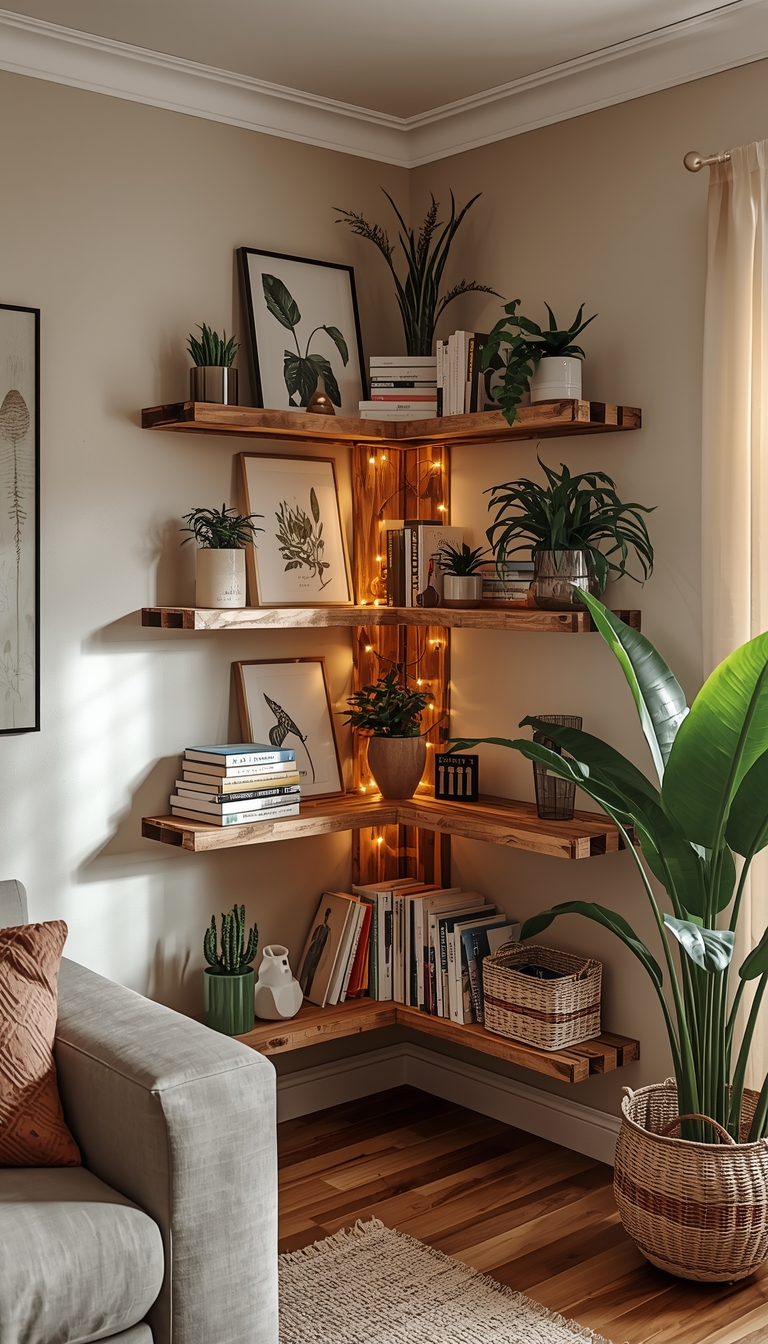 Cozy Living Room Corner with Books and Plants