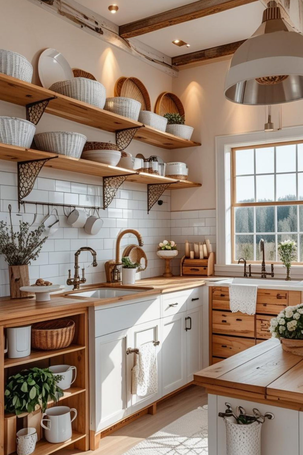 Cozy Storage Layering Woven Baskets Above Kitchen Cabinets