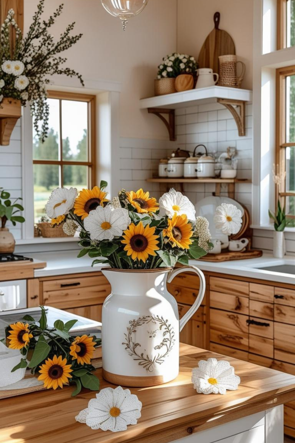 Effortless Charm Fresh Flowers in Enamelware Pitchers