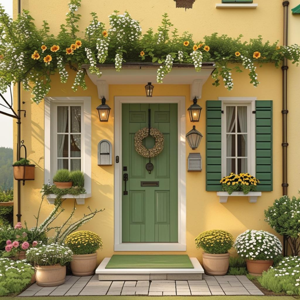Small Cottage Front Entrance with Green Door and Floral Pots