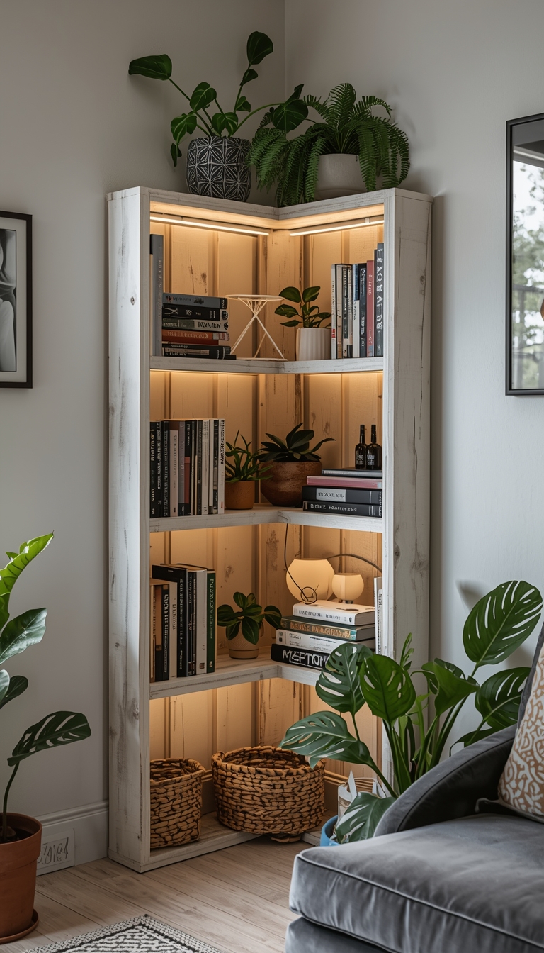 Small Living Room Storage with a Corner Bookshelf