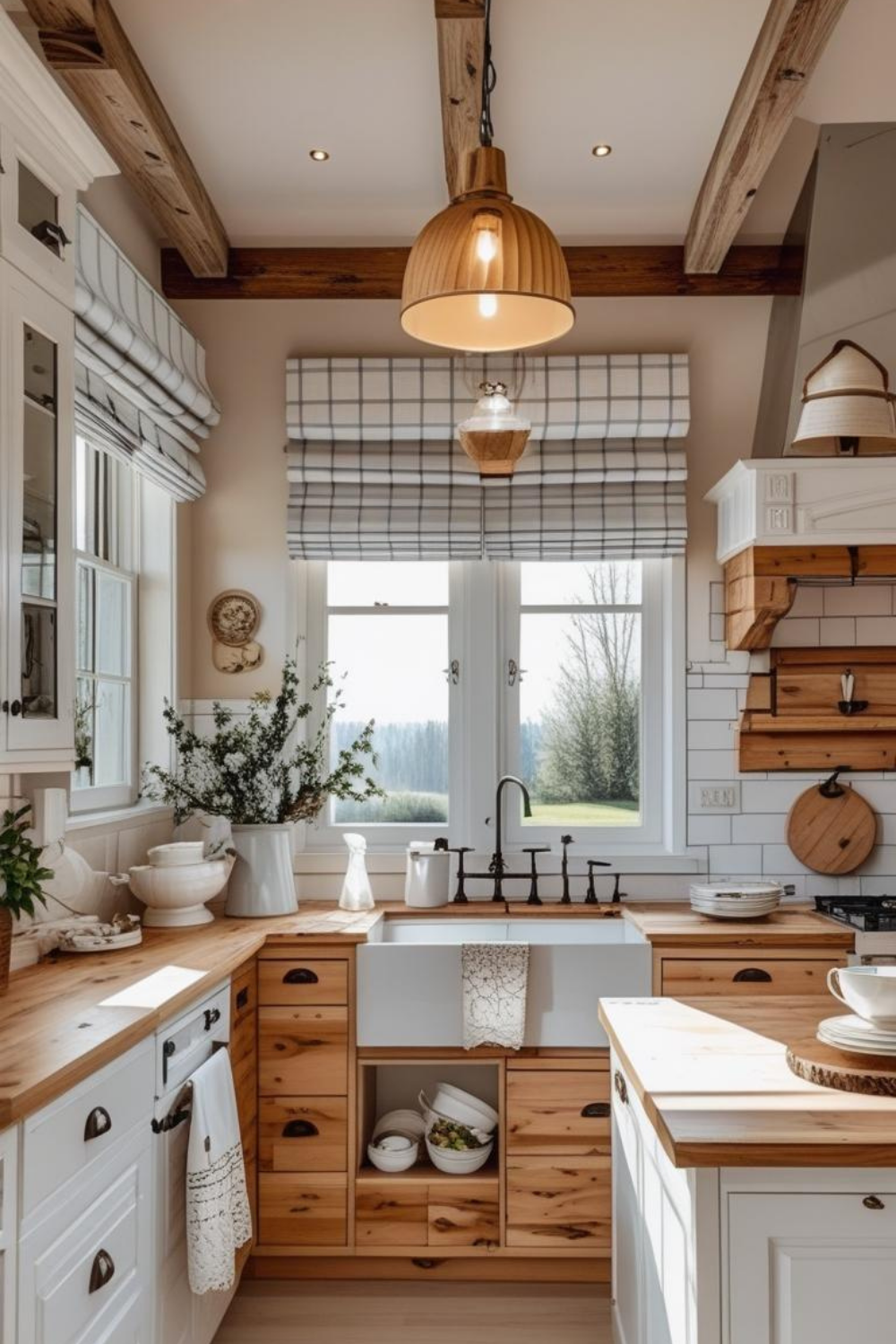 Subtle Country Texture with Striped Roman Shade