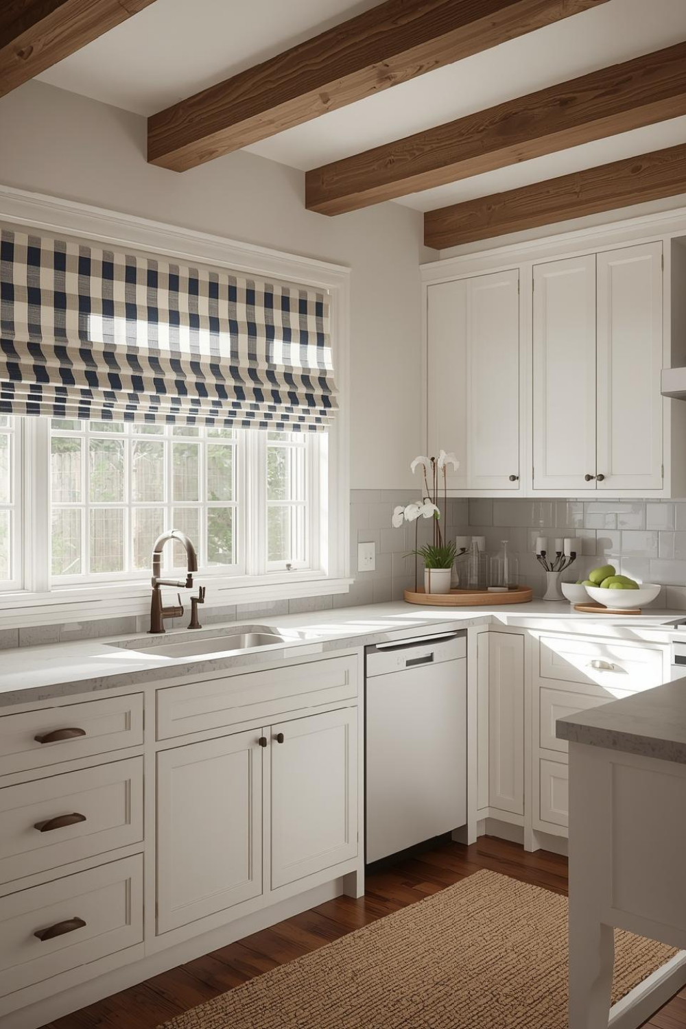 Subtle Country Texture with Striped Roman Shades