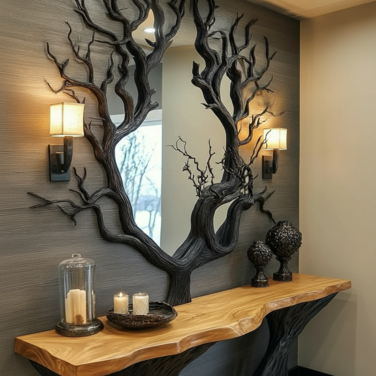 Luxury Tree Inspired Wooden Console Table with Artistic Wall Décor for Modern Interiors