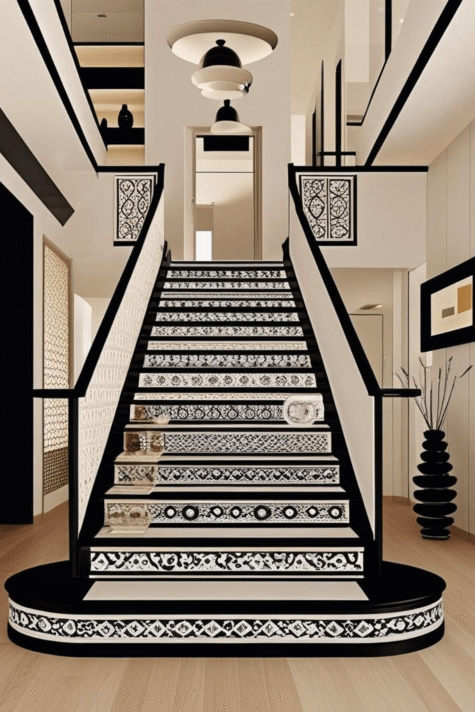 6. Luxury Staircase Tile Trends with Black and White Patterns