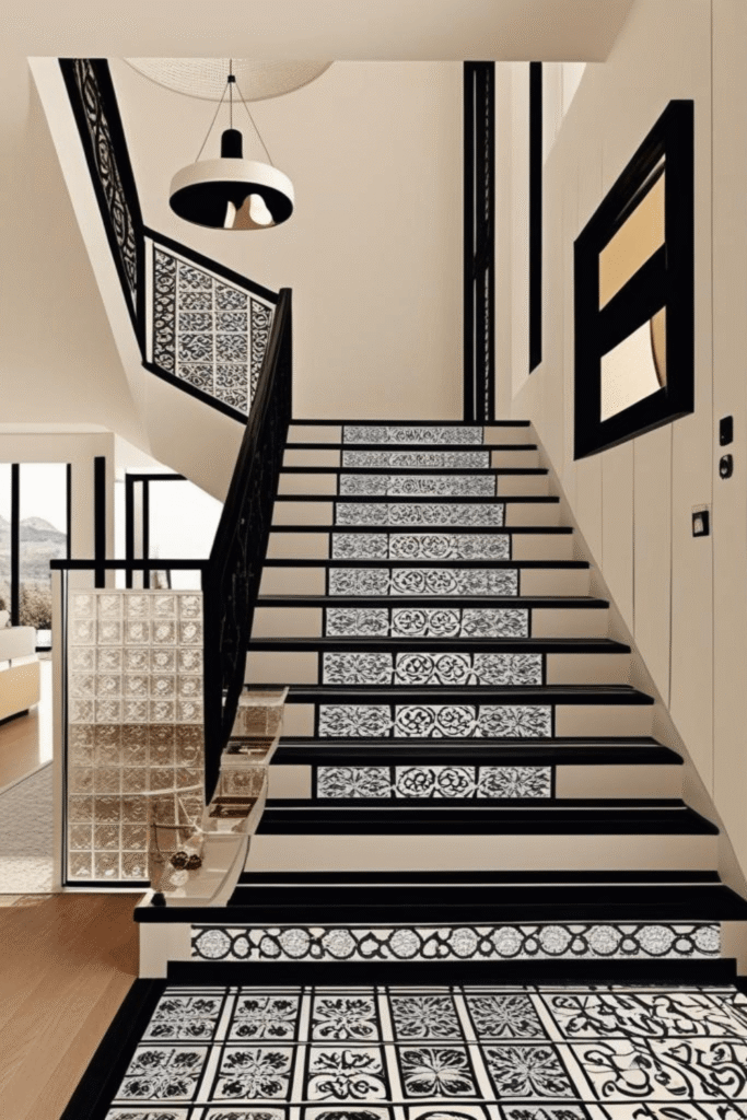 8. Elegant Home Staircase Flooring Ideas with Patterned Tiles