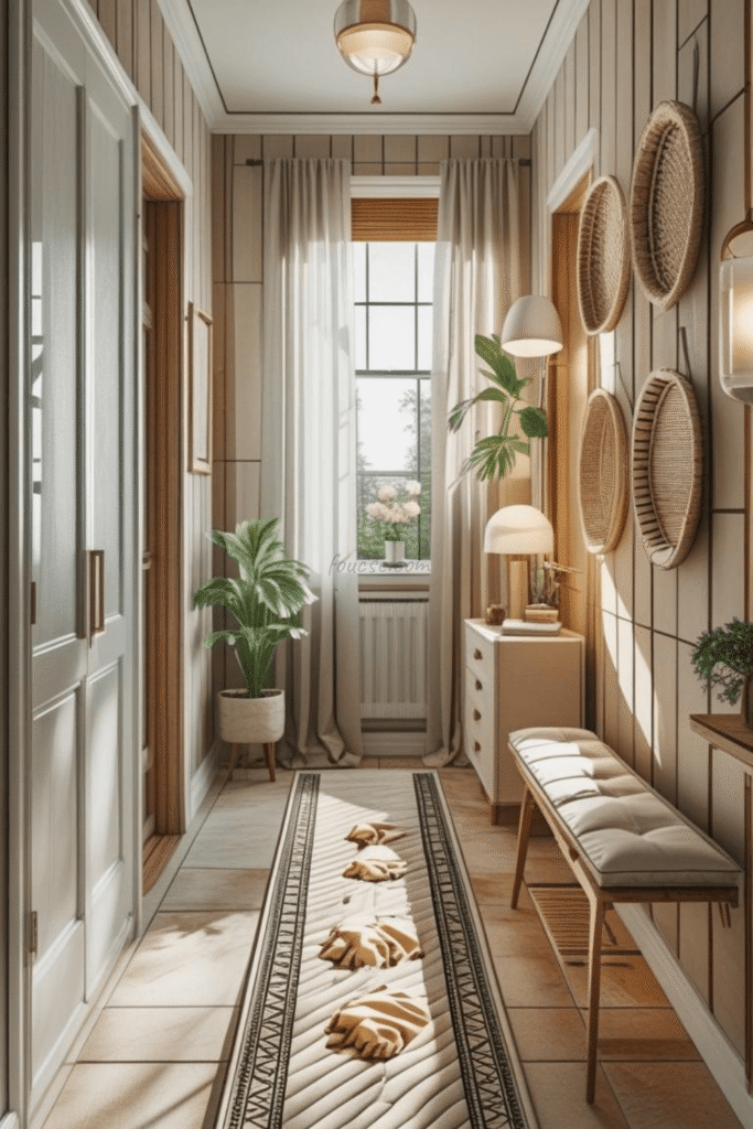 Boho Hallway Decor Ideas with Colorful Rugs and Wall Art