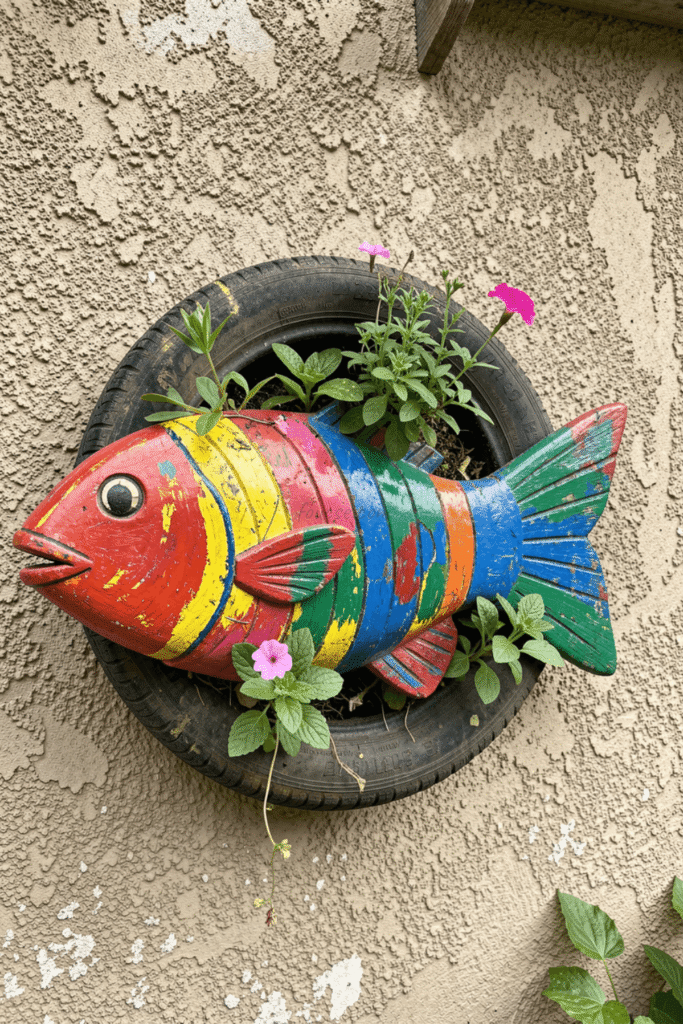 Creative Garden Wall Decor Ideas with Tire Planters