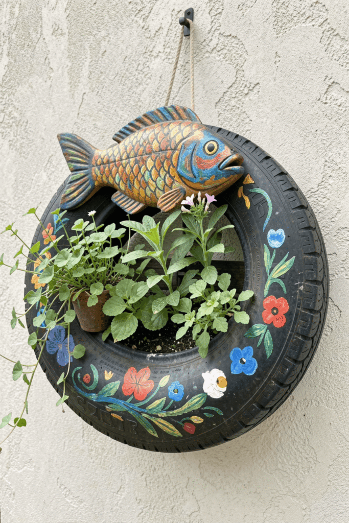 DIY Tire Fish Planter for Outdoor Wall Spaces