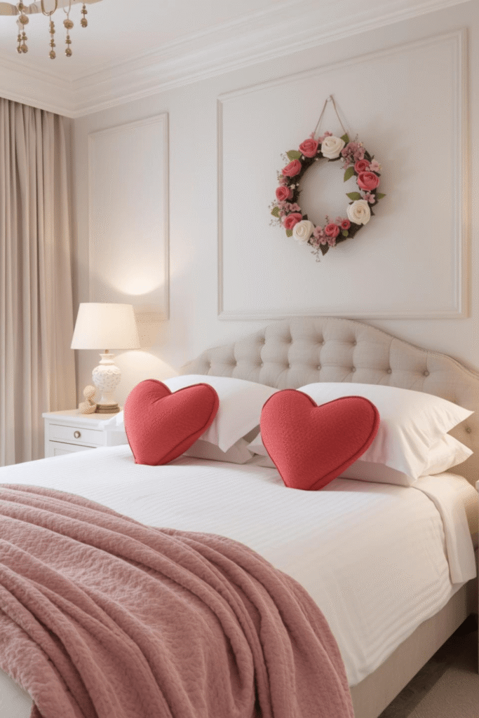 Elegant White Bedroom with Light Red Valentine Decor
