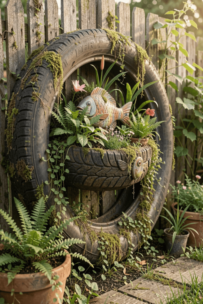 Handmade Tire Art for Garden Walls
