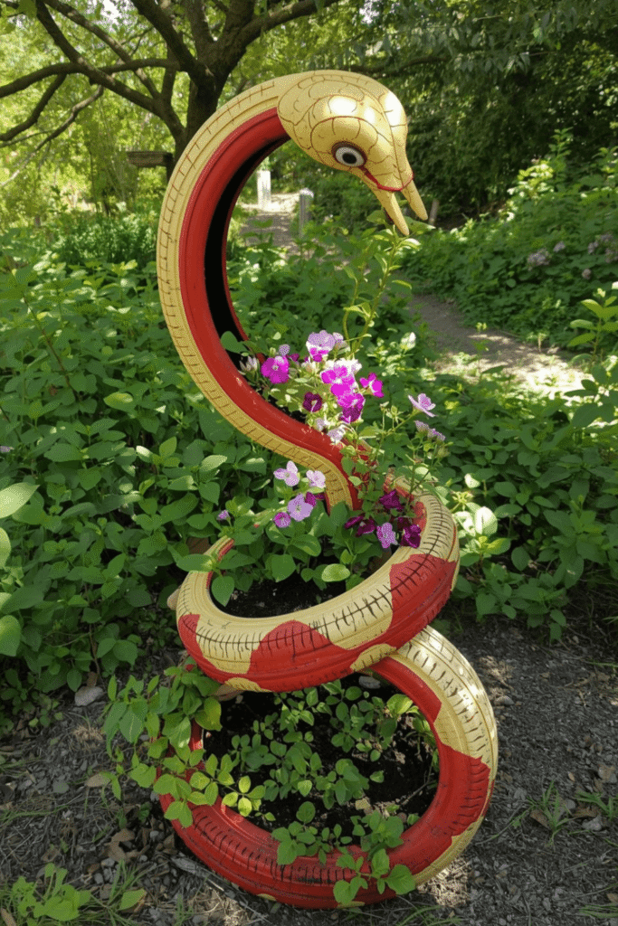 Handmade Tire Snake Planter for Outdoor Decoration
