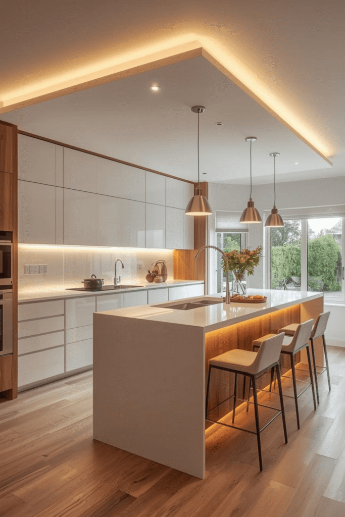 Minimalist Kitchen Island Ideas with Soft Ambient Lighting