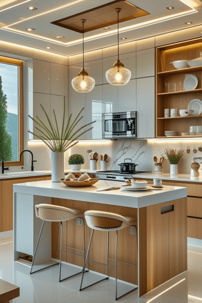 Modern Kitchen Decor Ideas with Neutral Tones and Warm Lights