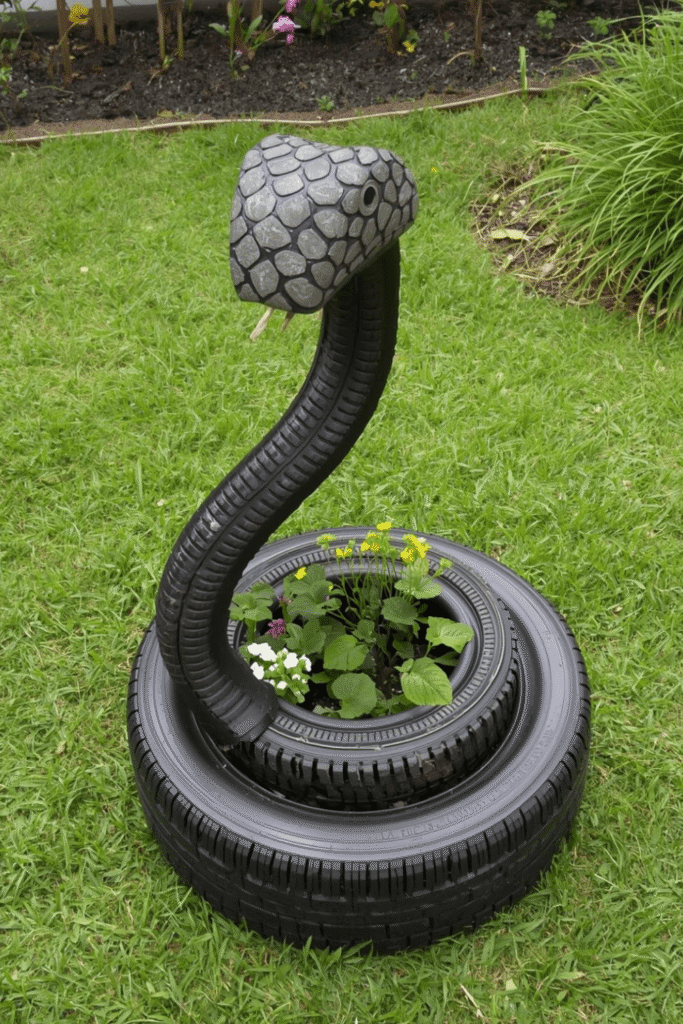 Recycled Tire Snake Garden Decor with Built-In Plants