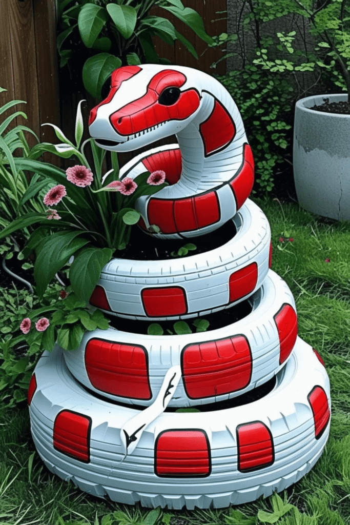 Whimsical Garden Decor Ideas with Tire Snake Planters